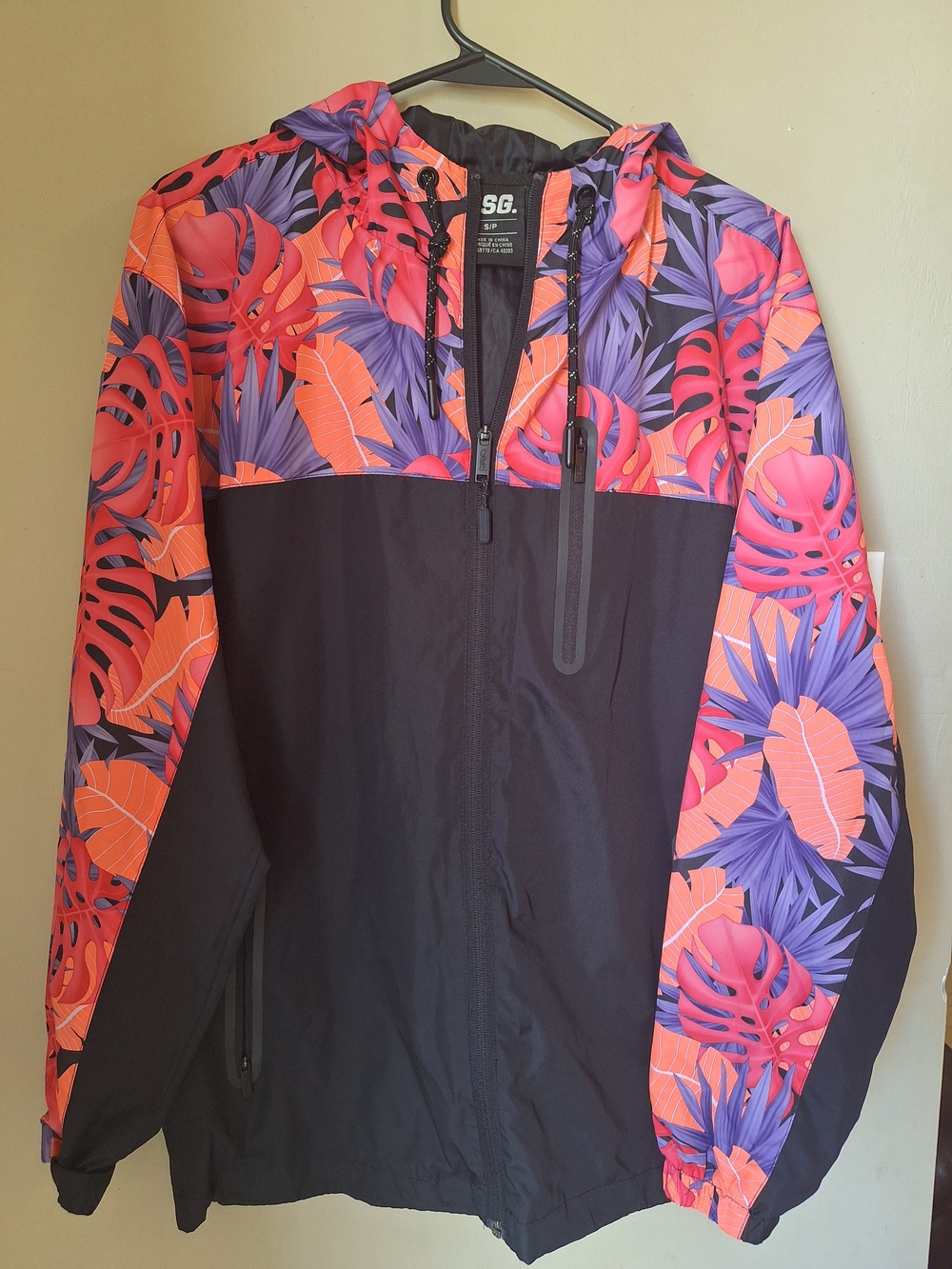 Men's CSG. Colorblock Tropical Windbreaker - Black, Coral, & Purple Leaf Print